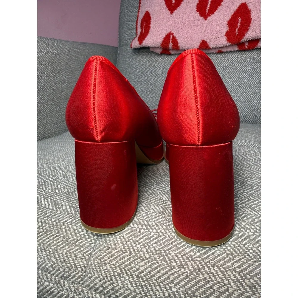 Coutgo Red‎ Satin Platform Pumps Block Heel Square Toe Bow Heels Womens 8.5